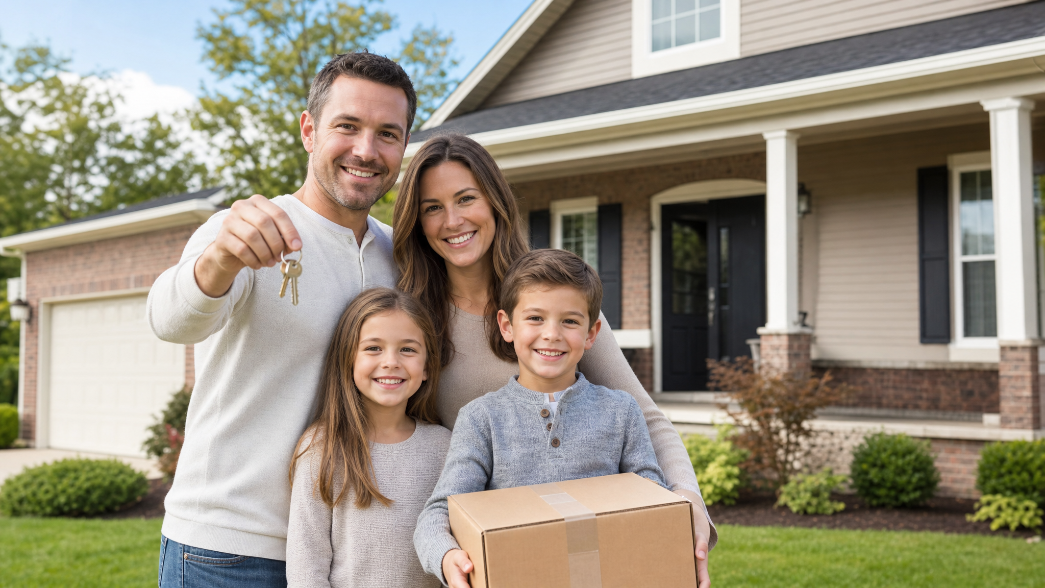 Happy family outside their home after closing